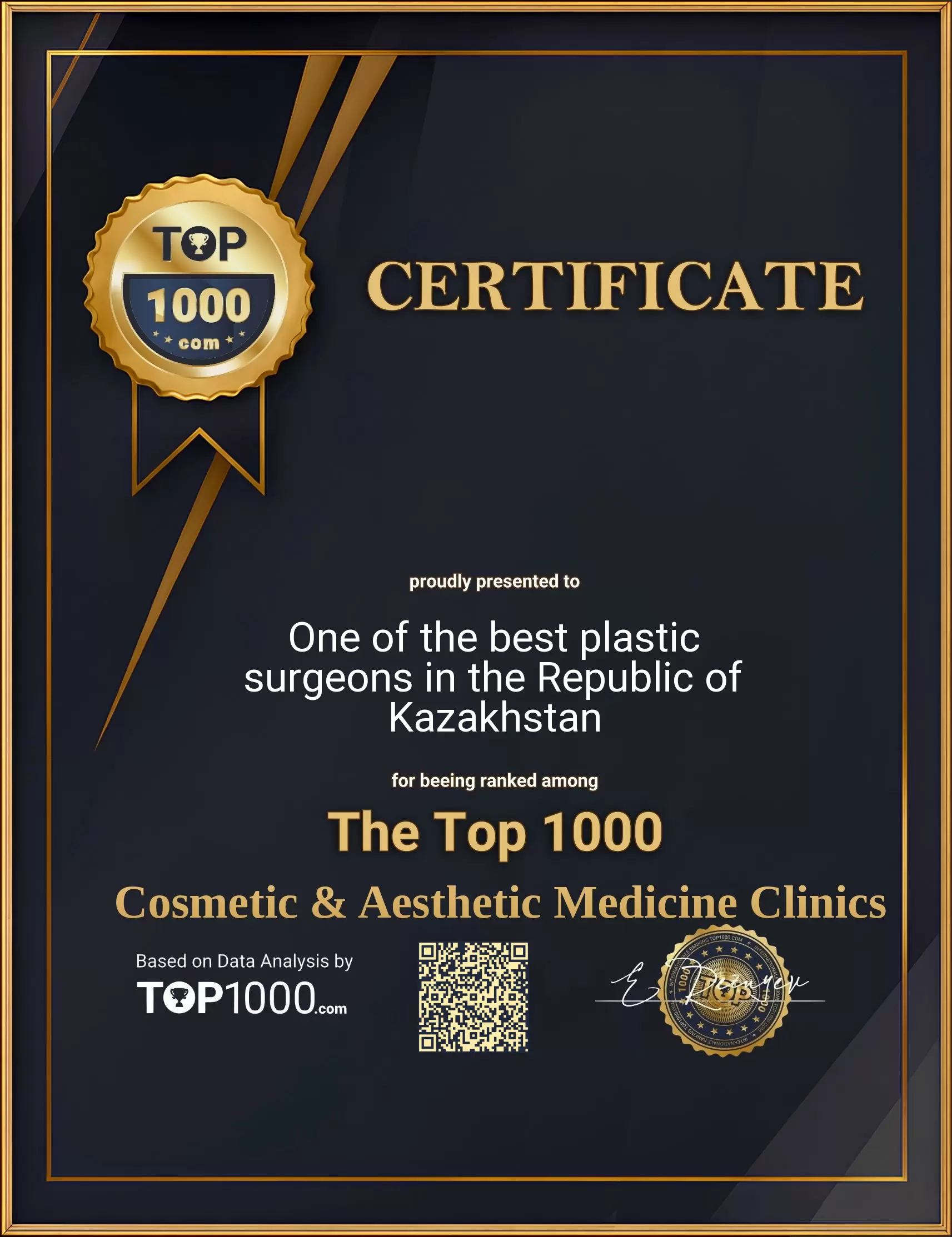 One of the best plastic surgeons in the Republic of Kazakhstan Top 1000 Aesthetic Certificate (One of the best plastic surgeons in the Republic of Kazakhstan-top1000-aesthetic-certificate.pdf)